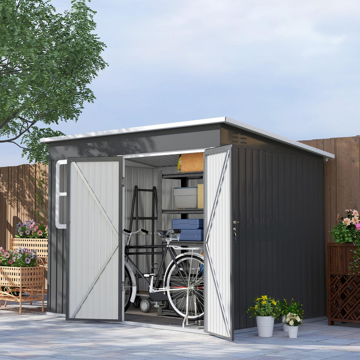 Tool shed 4.13 m³, garden shed, 260 x 177 x 190 cm, tool shed with window, lockable door, bicycle garage, garden cupboard made of steel, for backyard, garden, dark gray |