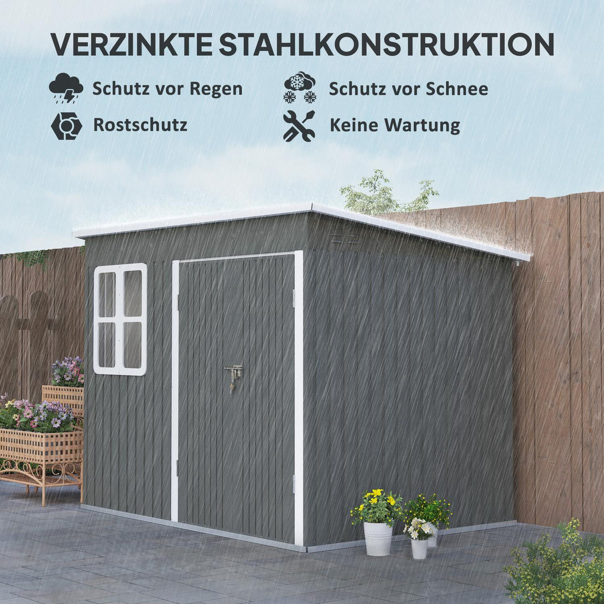 Tool shed 4.13 m³, garden shed, 260 x 177 x 190 cm, tool shed with window, lockable door, bicycle garage, garden cupboard made of steel, for backyard, garden, dark gray |