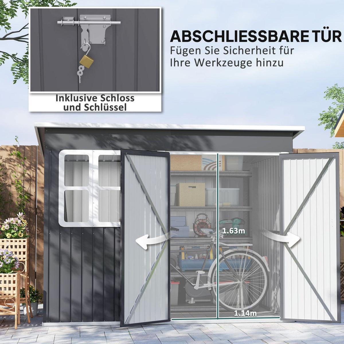 Tool shed 4.13 m³, garden shed, 260 x 177 x 190 cm, tool shed with window, lockable door, bicycle garage, garden cupboard made of steel, for backyard, garden, dark gray |