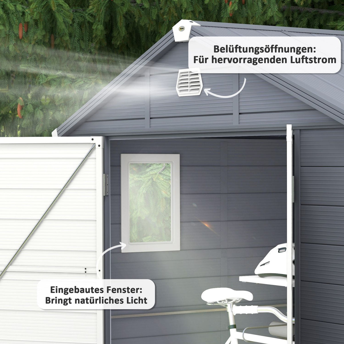 Tool shed 4.1 m³, garden shed with pent roof, 240 x 190 x 180/228 cm, tool shed with lockable door, window, bicycle garage, garden cabinet made of aluminum, for backyard, garden, gray