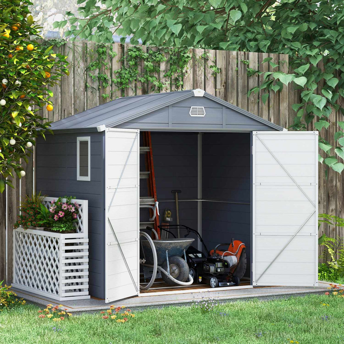 Tool shed 4.1 m³, garden shed with pent roof, 240 x 190 x 180/228 cm, tool shed with lockable door, window, bicycle garage, garden cabinet made of aluminum, for backyard, garden, gray