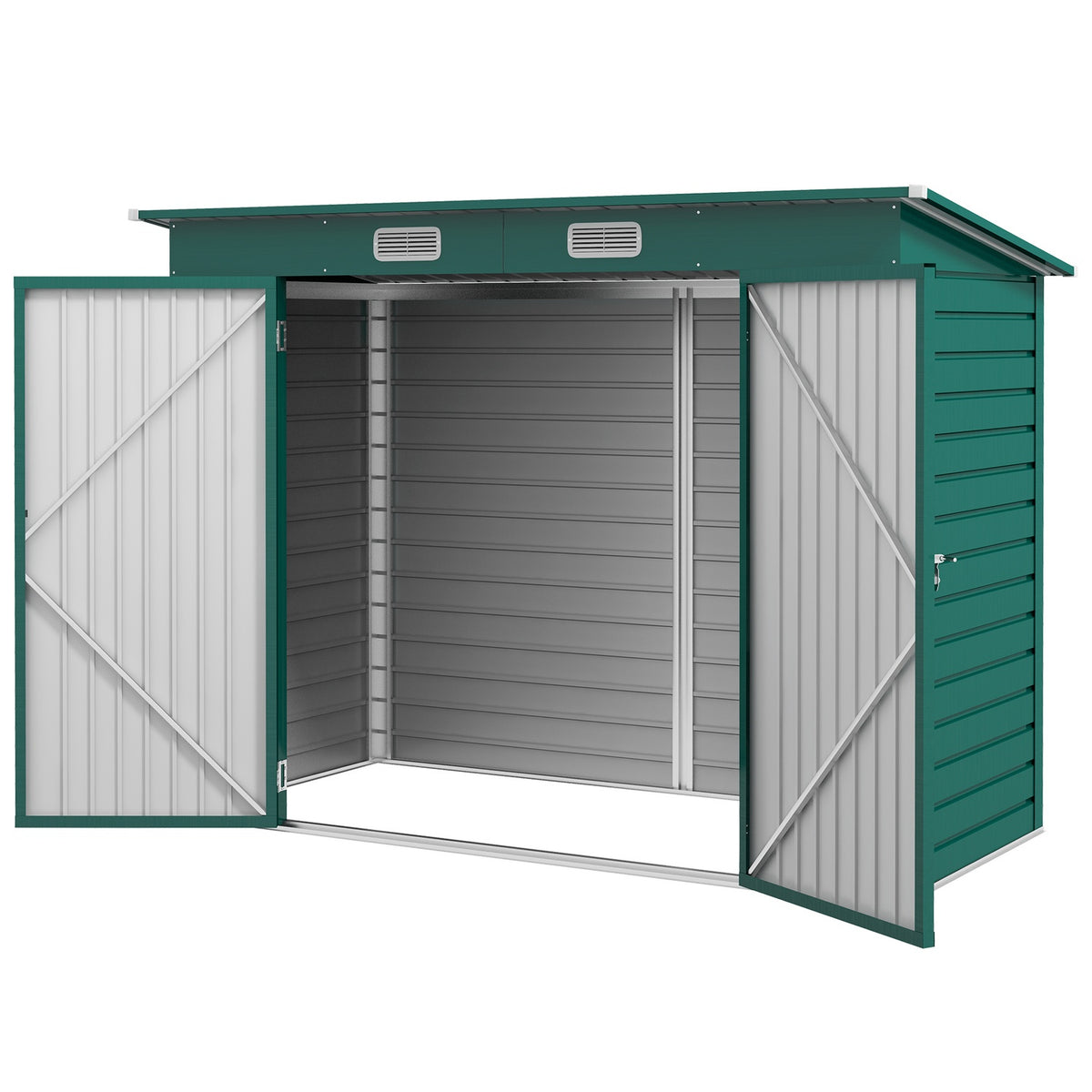 Tool shed 4.1 m³, garden shed with pent roof, 249 x 121 x 166/183 cm, tool shed with lockable double doors, windows, bicycle garage, garden cupboard made of steel, for backyard, garden, green