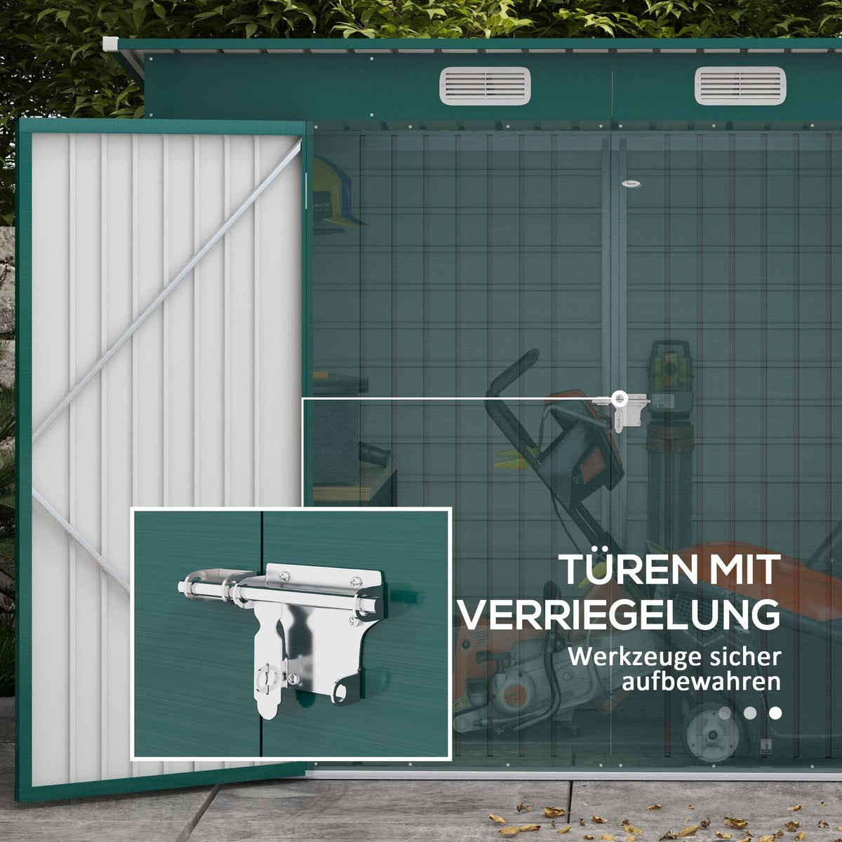Tool shed 4.1 m³, garden shed with pent roof, 249 x 121 x 166/183 cm, tool shed with lockable double doors, windows, bicycle garage, garden cupboard made of steel, for backyard, garden, green