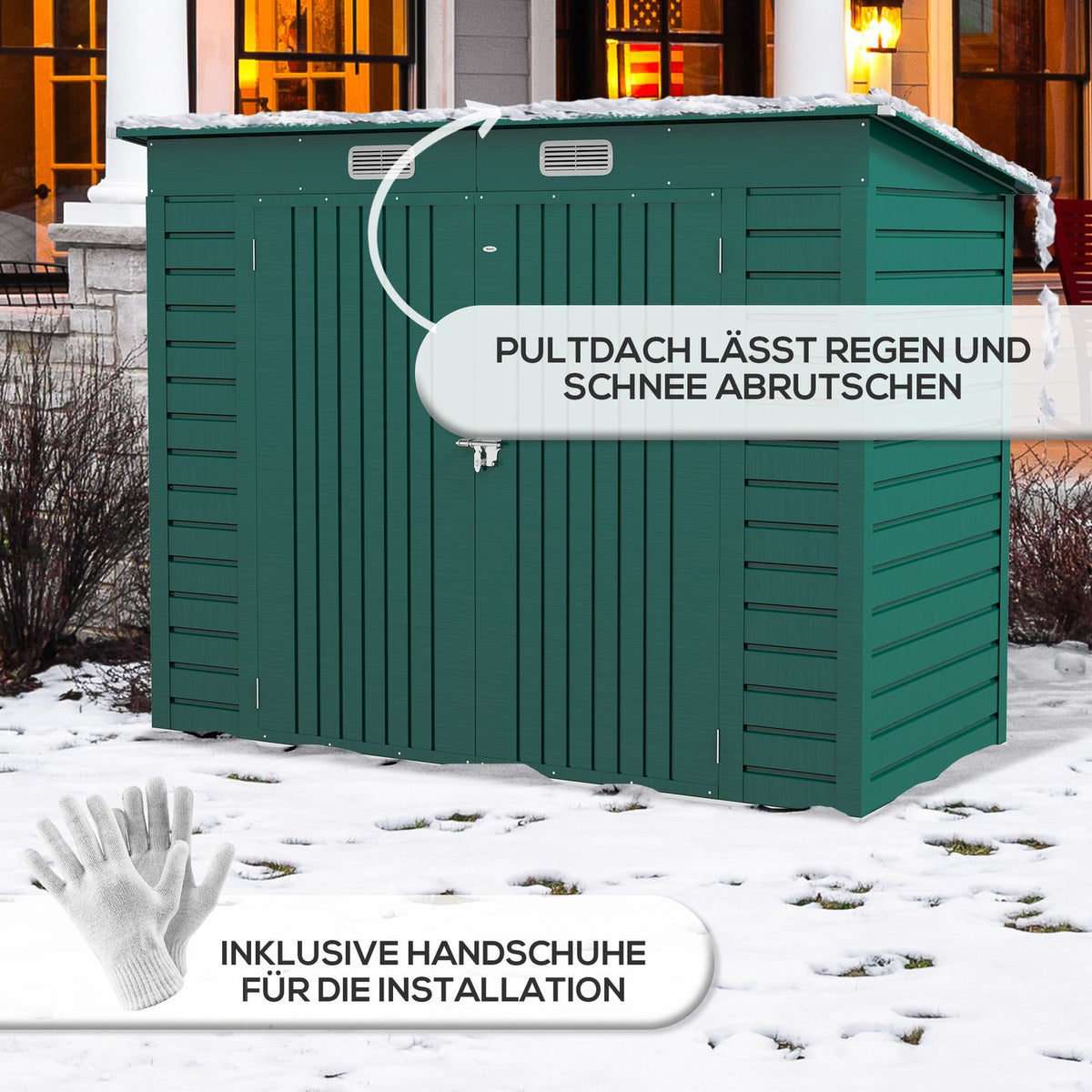 Tool shed 4.1 m³, garden shed with pent roof, 249 x 121 x 166/183 cm, tool shed with lockable double doors, windows, bicycle garage, garden cupboard made of steel, for backyard, garden, green
