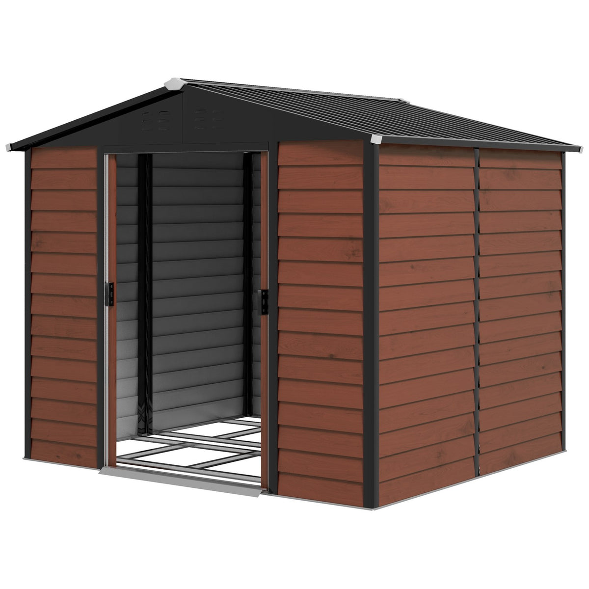 Tool shed 4.4 m², garden shed with pent roof, sliding door, foundation, 240 x 206 x 198 cm, tool shed made of galvanized steel, weatherproof, for garden, teak