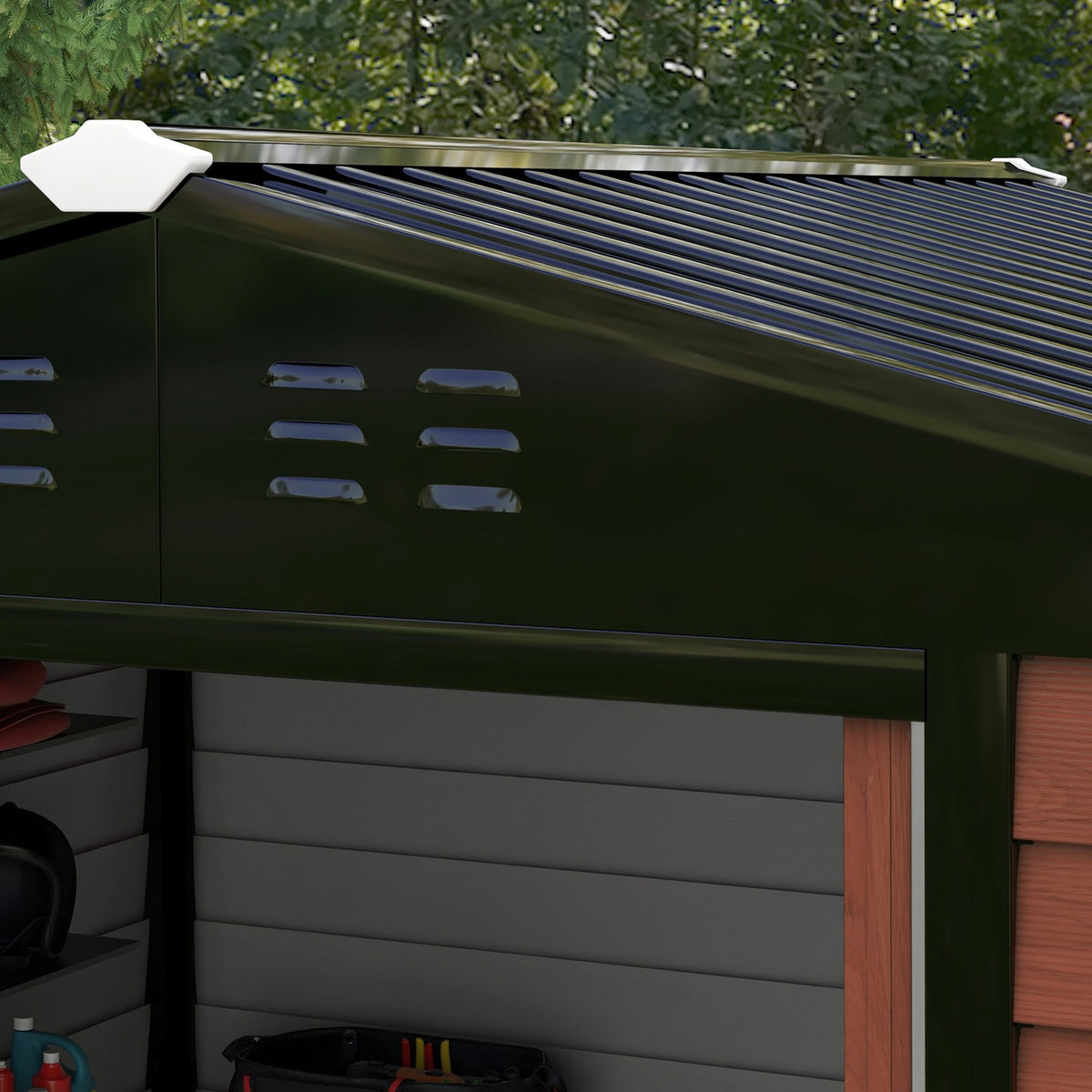 Tool shed 4.4 m², garden shed with pent roof, sliding door, foundation, 240 x 206 x 198 cm, tool shed made of galvanized steel, weatherproof, for garden, teak