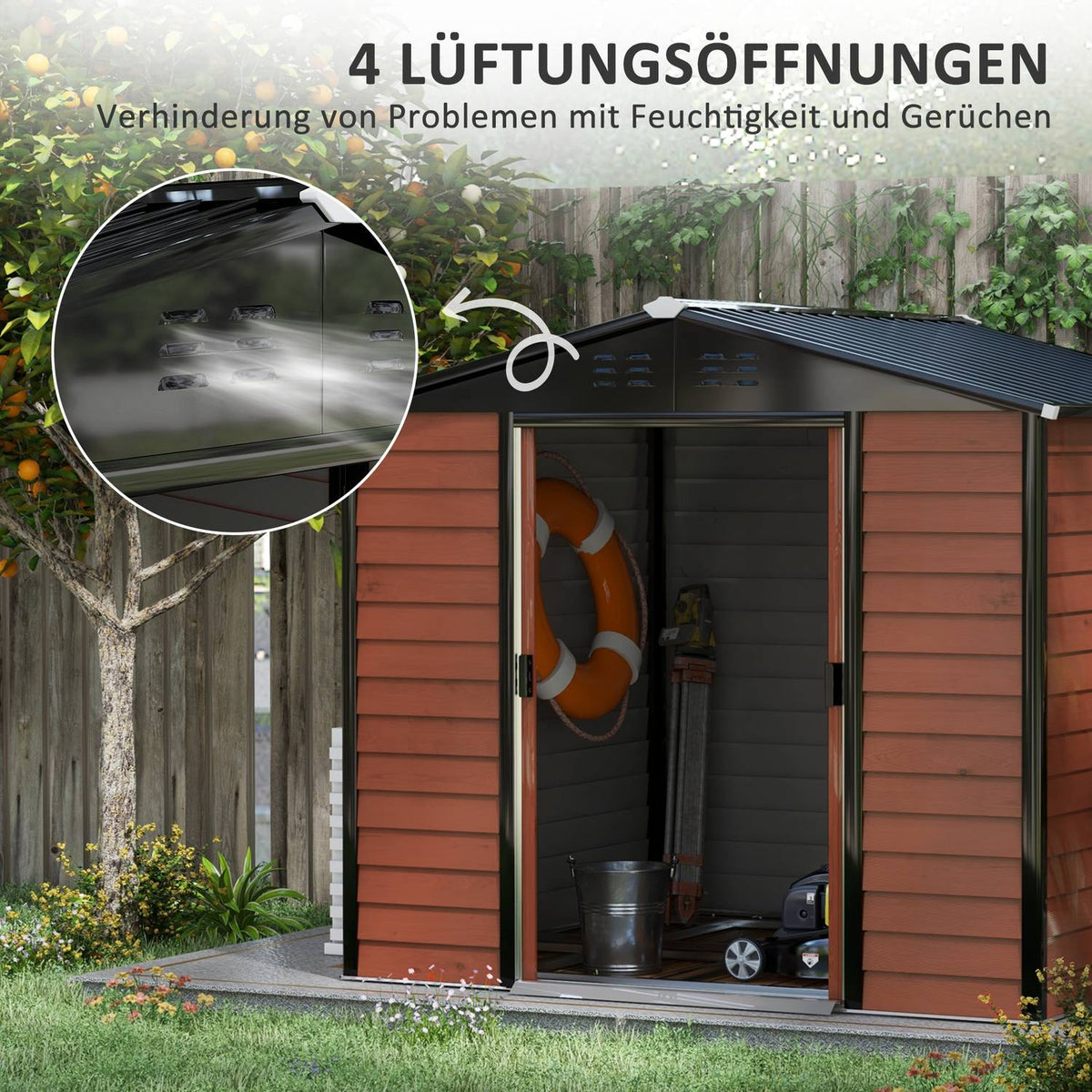 Tool shed 4.4 m², garden shed with pent roof, sliding door, foundation, 240 x 206 x 198 cm, tool shed made of galvanized steel, weatherproof, for garden, teak