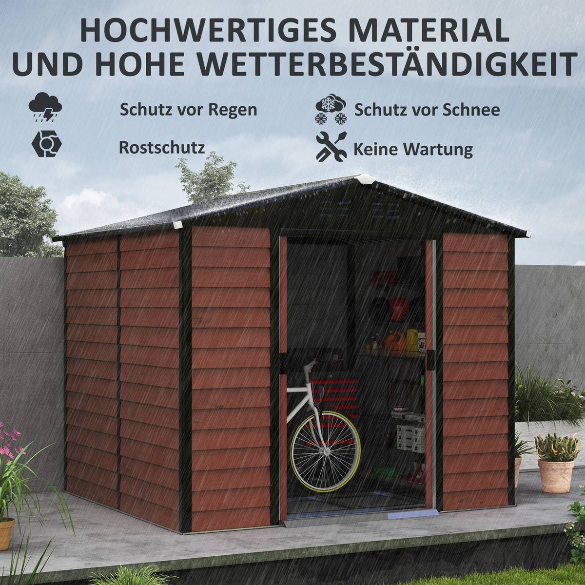 Tool shed 4.4 m², garden shed with pent roof, sliding door, foundation, 240 x 206 x 198 cm, tool shed made of galvanized steel, weatherproof, for garden, teak