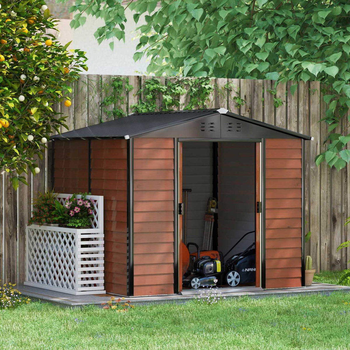Tool shed 4.4 m², garden shed with pent roof, sliding door, foundation, 240 x 206 x 198 cm, tool shed made of galvanized steel, weatherproof, for garden, teak