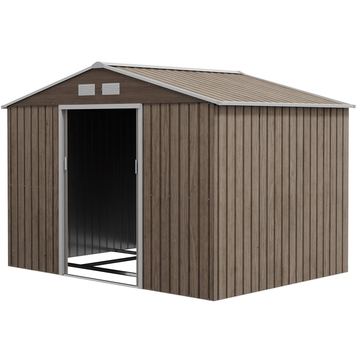 Tool shed 4.9 m², garden shed with pent roof, sliding door, foundation, 277 x 195 x 192 cm, tool shed made of galvanized steel, weatherproof, for garden, light brown