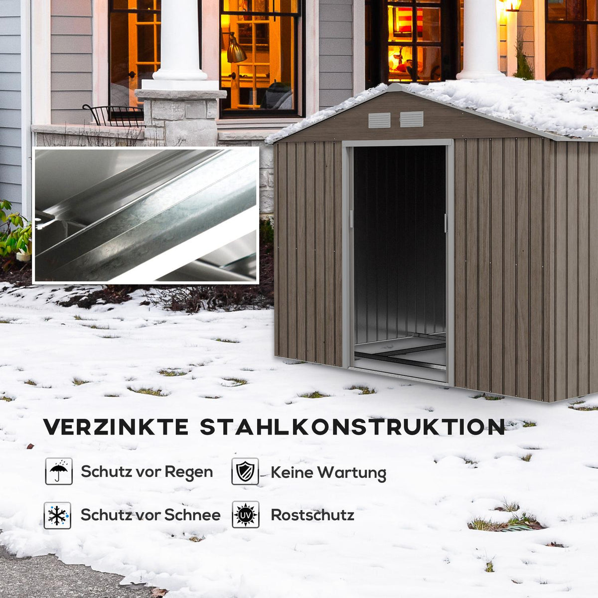 Tool shed 4.9 m², garden shed with pent roof, sliding door, foundation, 277 x 195 x 192 cm, tool shed made of galvanized steel, weatherproof, for garden, light brown