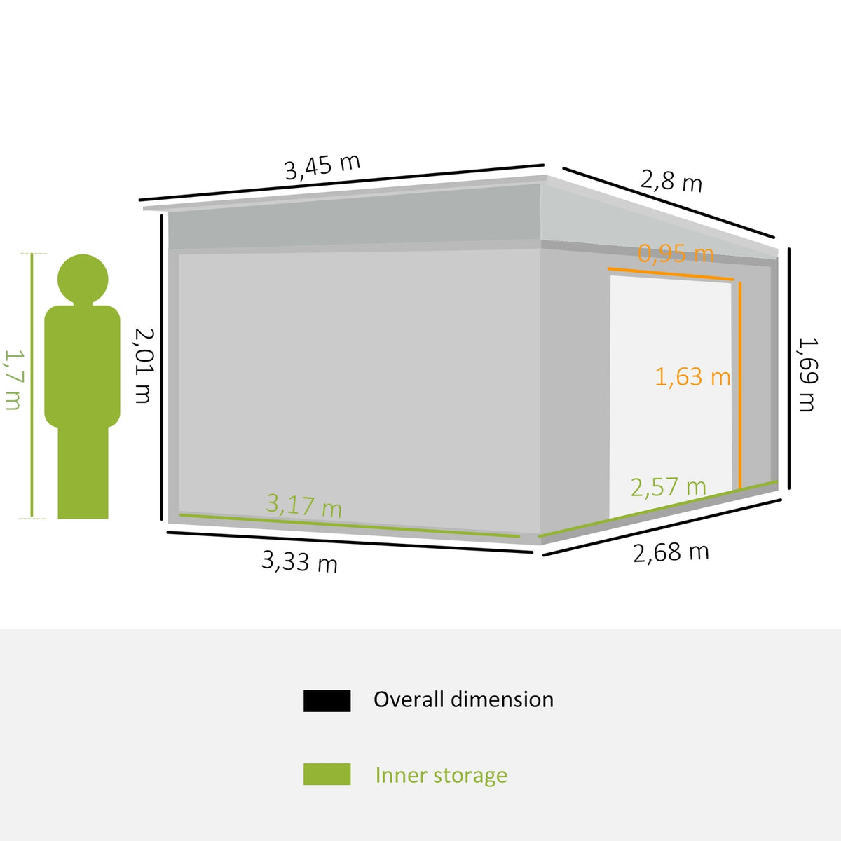 Tool shed 8.9 ㎡ steel garden shed with pent roof & sliding door, ventilation slots, 280x345x201cm, gray