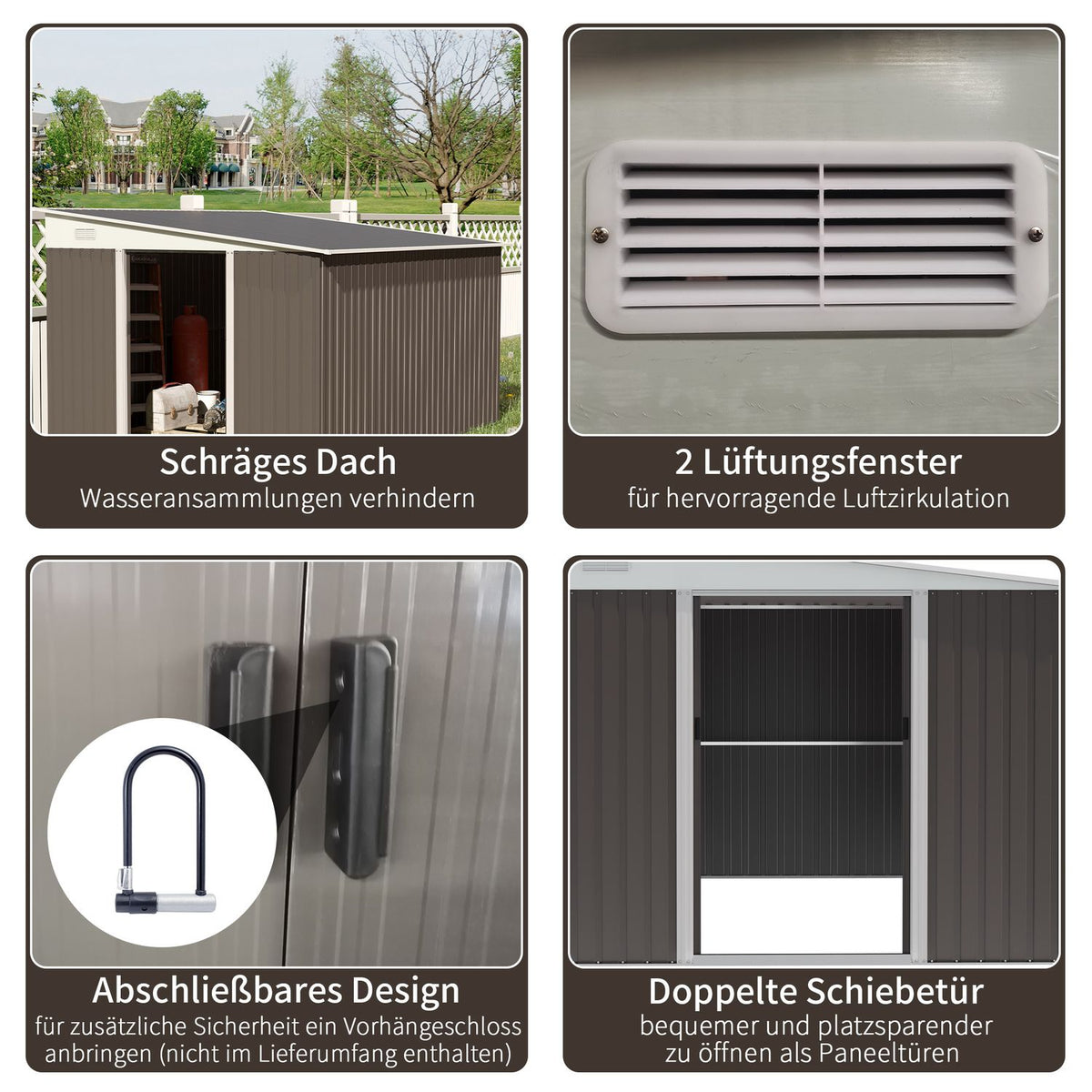 Tool shed 8.9 ㎡ steel garden shed with pent roof & sliding door, ventilation slots, 280x345x201cm, gray