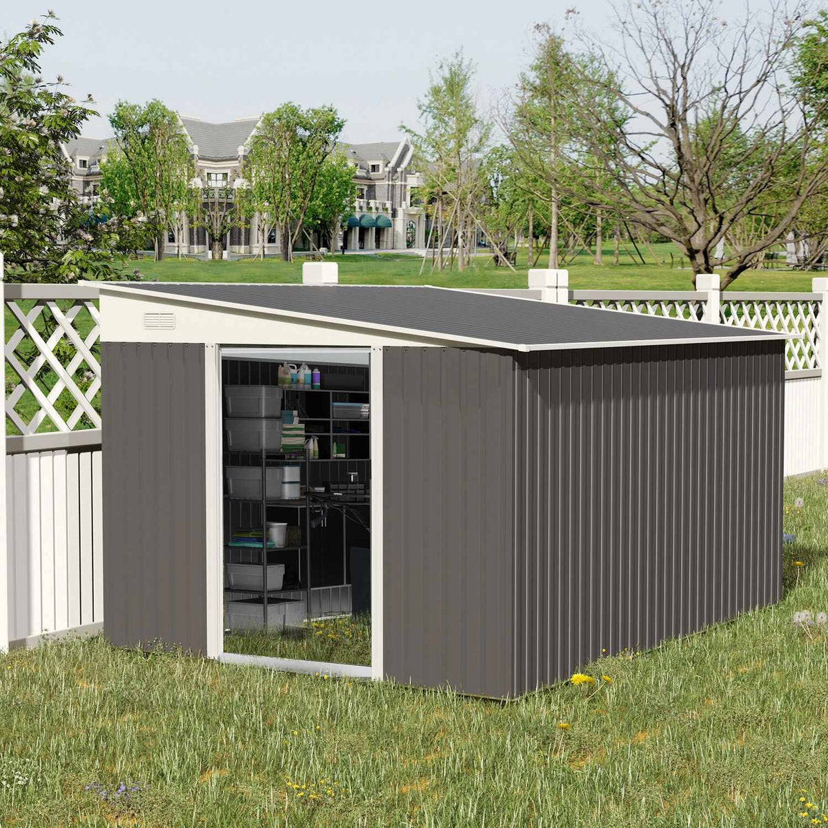 Tool shed 8.9 ㎡ steel garden shed with pent roof & sliding door, ventilation slots, 280x345x201cm, gray