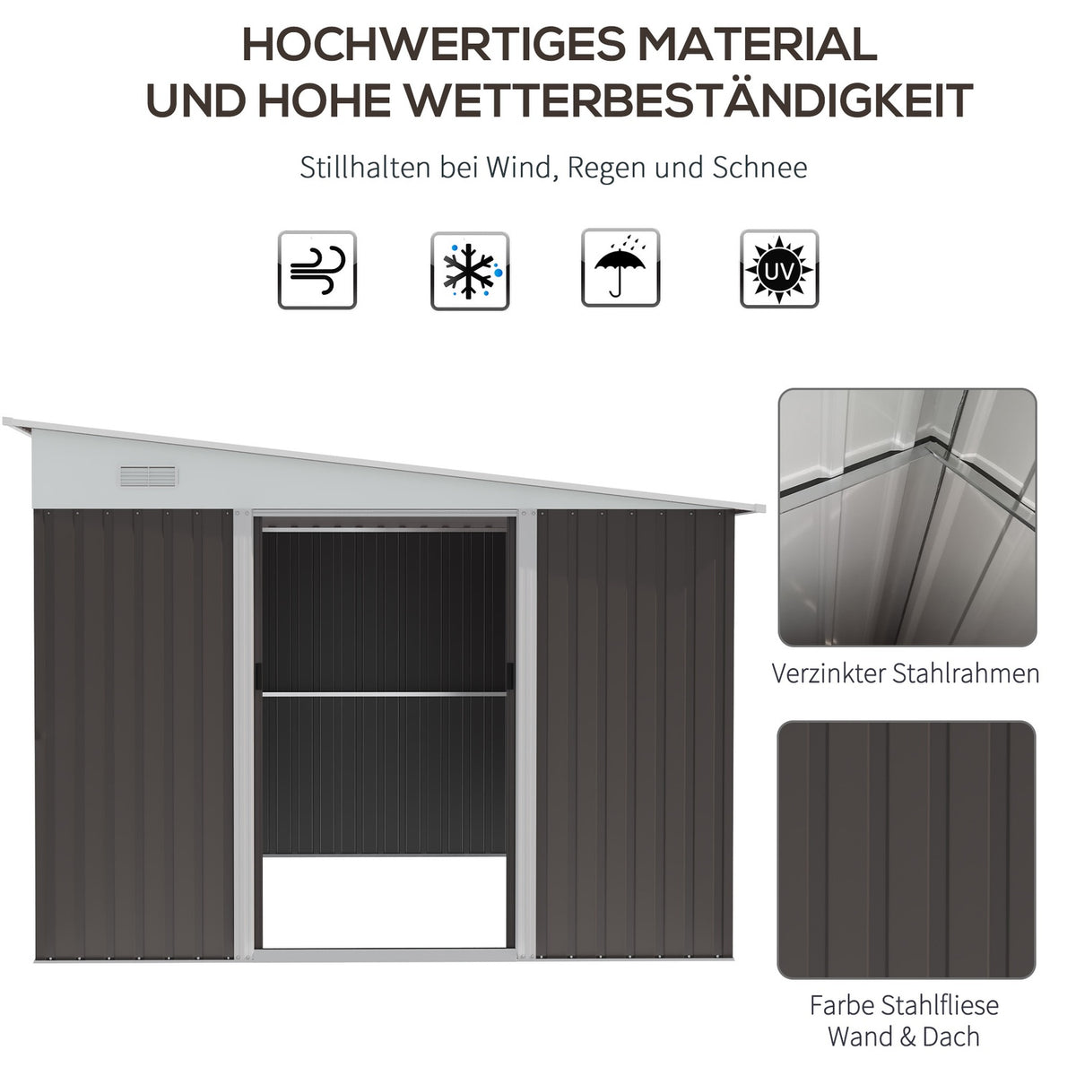 Tool shed 8.9 ㎡ steel garden shed with pent roof & sliding door, ventilation slots, 280x345x201cm, gray
