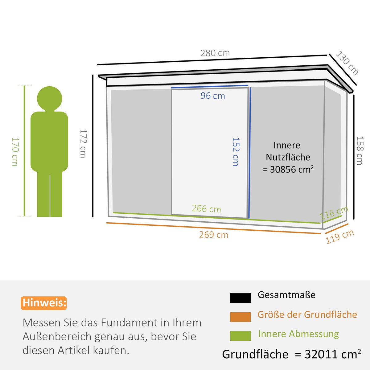 Tool shed, garden shed, tool shed with sliding door, ventilation window, lean-to roof, outdoor, steel, dark gray, 280 x 130 x 172 cm