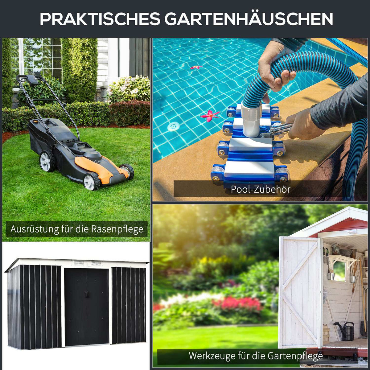 Tool shed, garden shed, tool shed with sliding door, ventilation window, lean-to roof, outdoor, steel, dark gray, 280 x 130 x 172 cm