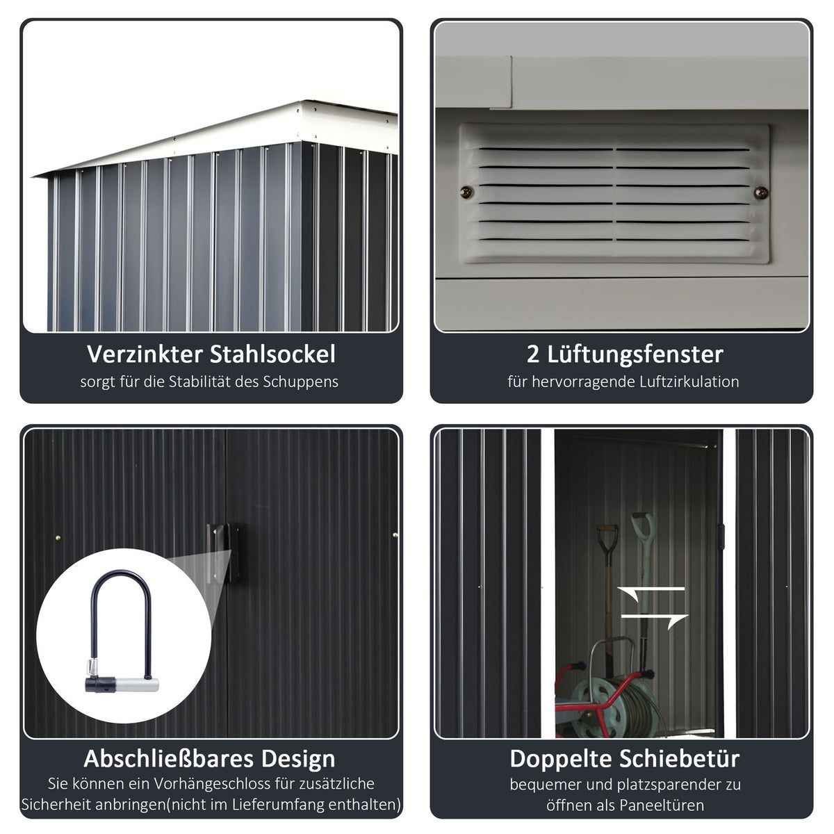 Tool shed, garden shed, tool shed with sliding door, ventilation window, lean-to roof, outdoor, steel, dark gray, 280 x 130 x 172 cm