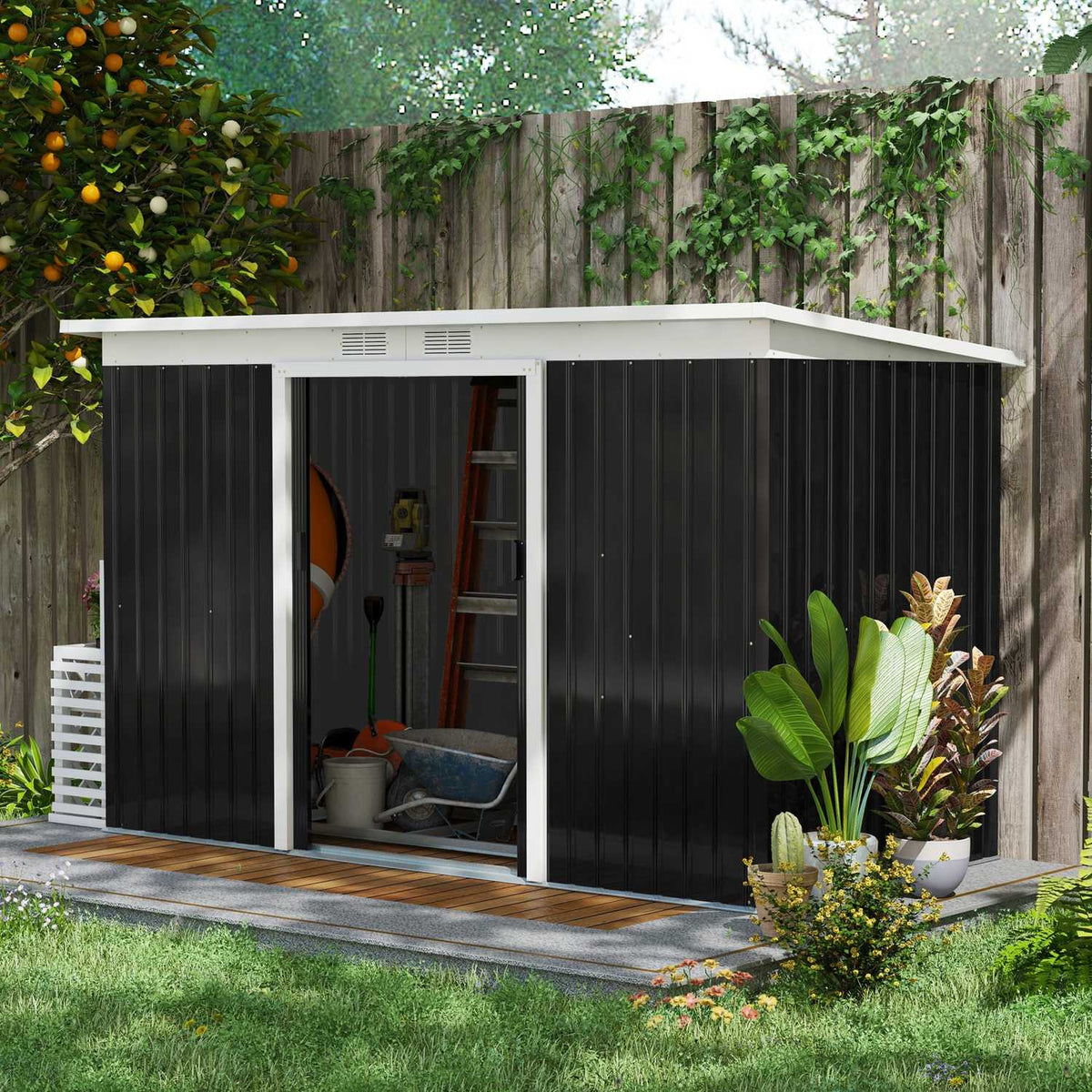 Tool shed, garden shed, tool shed with sliding door, ventilation window, lean-to roof, outdoor, steel, dark gray, 280 x 130 x 172 cm