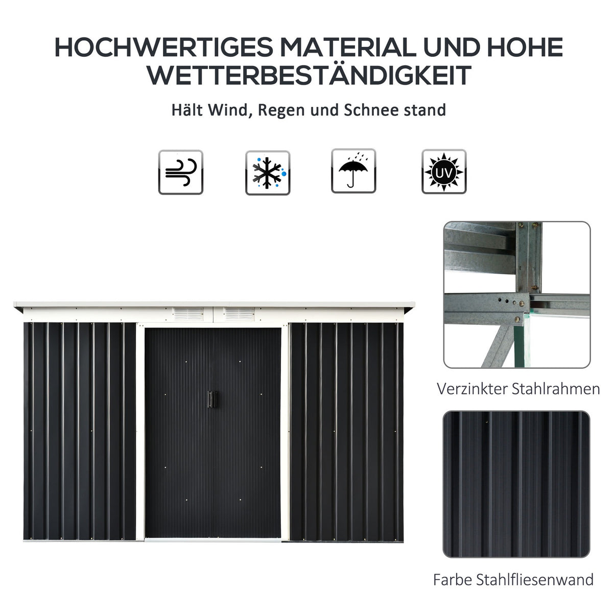 Tool shed, garden shed, tool shed with sliding door, ventilation window, lean-to roof, outdoor, steel, dark gray, 280 x 130 x 172 cm