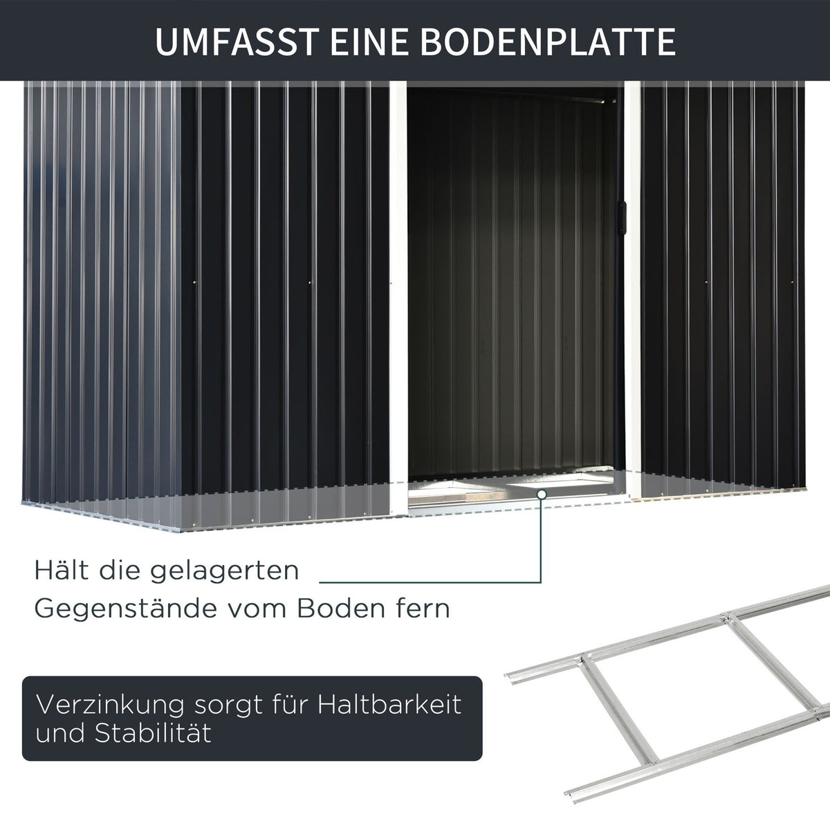 Tool shed, garden shed, tool shed with sliding door, ventilation window, lean-to roof, outdoor, steel, dark gray, 280 x 130 x 172 cm