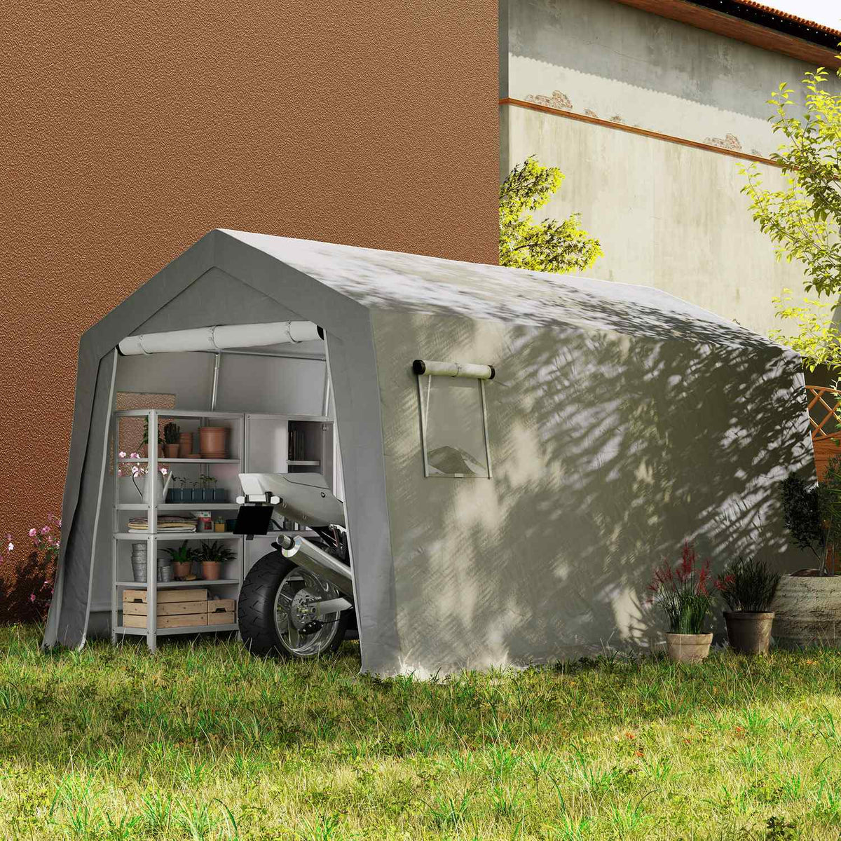 Tool shed with gable roof, waterproof tool tent with doors, windows, anti-dust bicycle cover, foil tool shed, bicycle garage for patio, garden, 300 x 447 x 255 cm, light gray