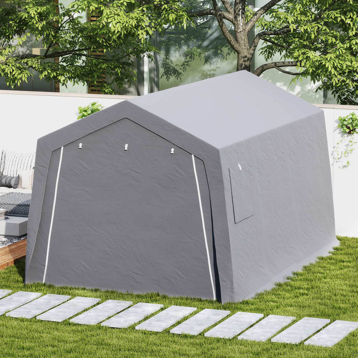Tool shed with gable roof, waterproof tool tent with doors, windows, anti-dust bicycle cover, foil tool shed, bicycle garage for patio, garden, 300 x 447 x 255 cm, light gray