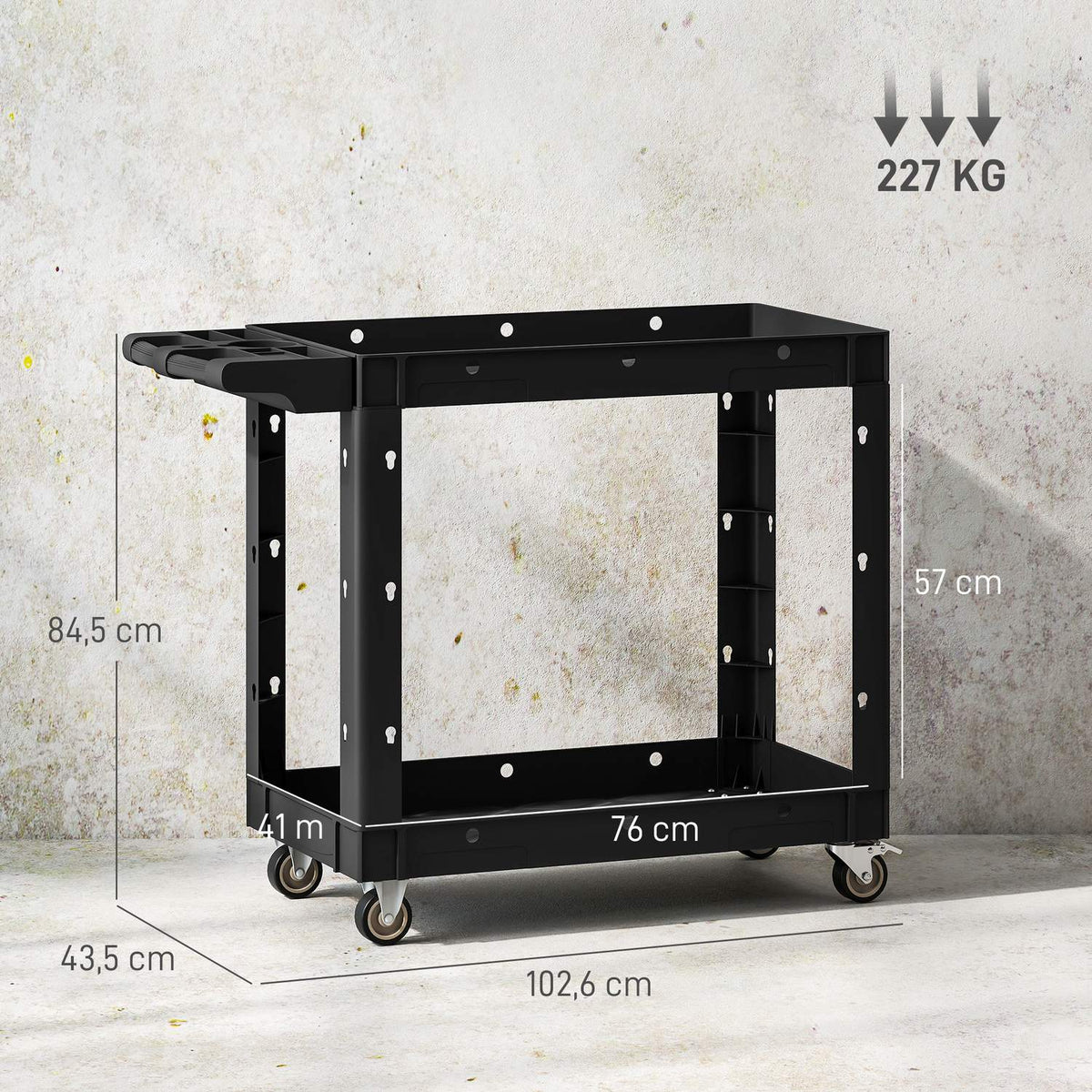 Tool trolley, 2-tier shelves, handle, wheels, plastic, black