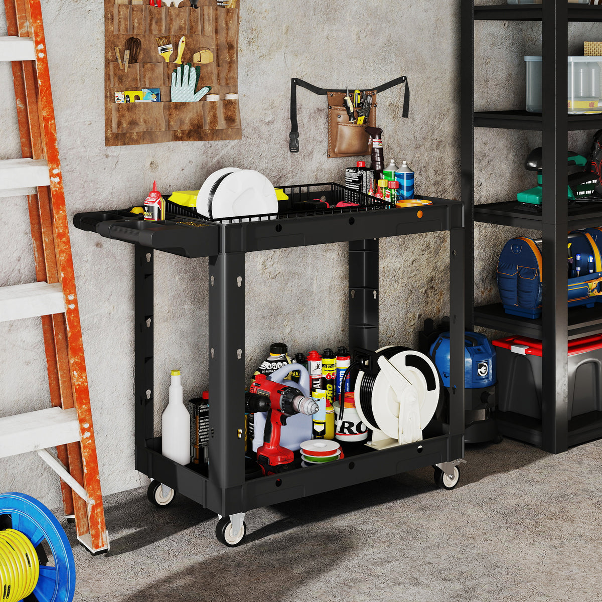 Tool trolley, 2-tier shelves, handle, wheels, plastic, black