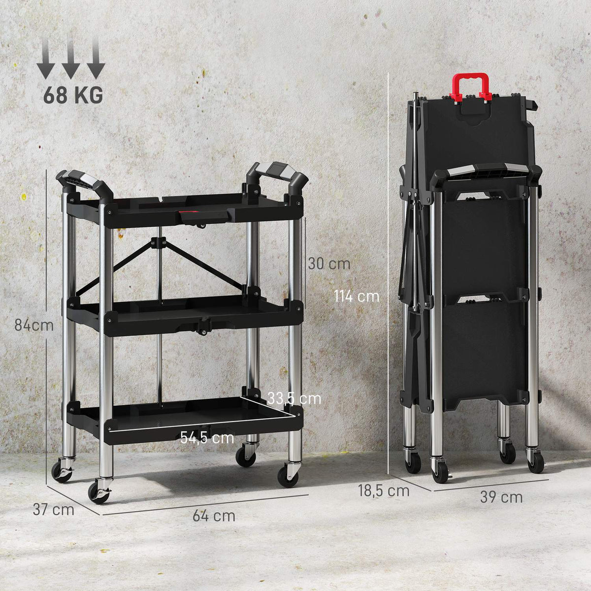 Tool trolley, foldable 3-tier tool cart, plastic, steel, black