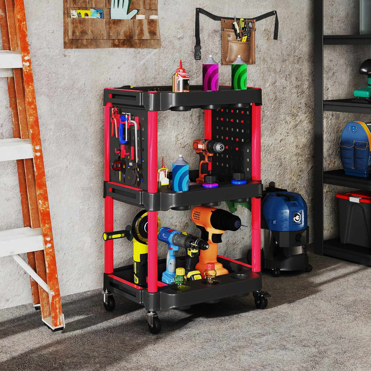 Tool trolley, three-tier shelves, 4 wheels, plastic, 10 hooks, red