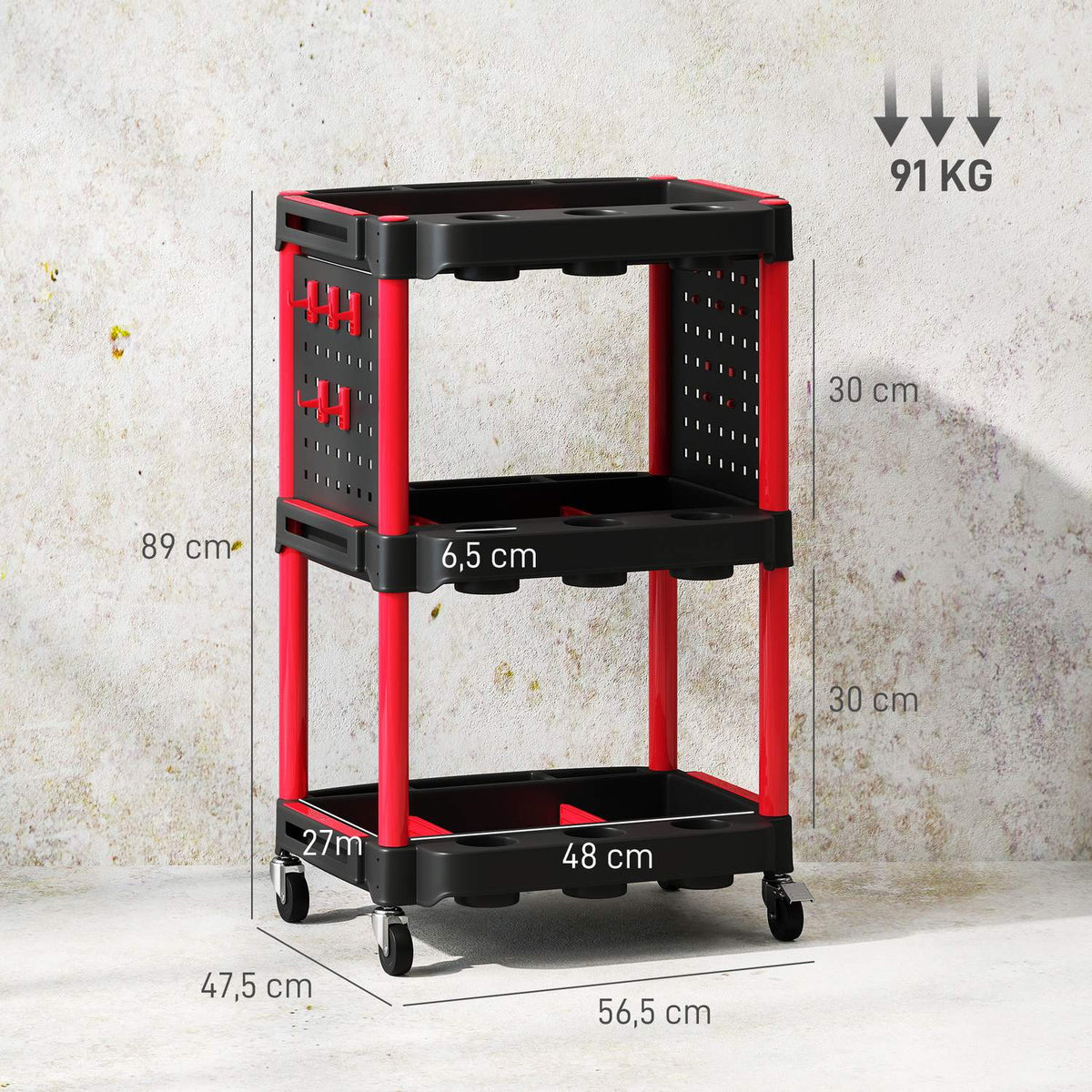Tool trolley, three-tier shelves, 4 wheels, plastic, 10 hooks, red