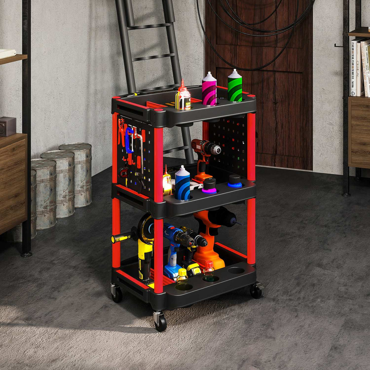 Tool trolley, three-tier shelves, 4 wheels, plastic, 10 hooks, red