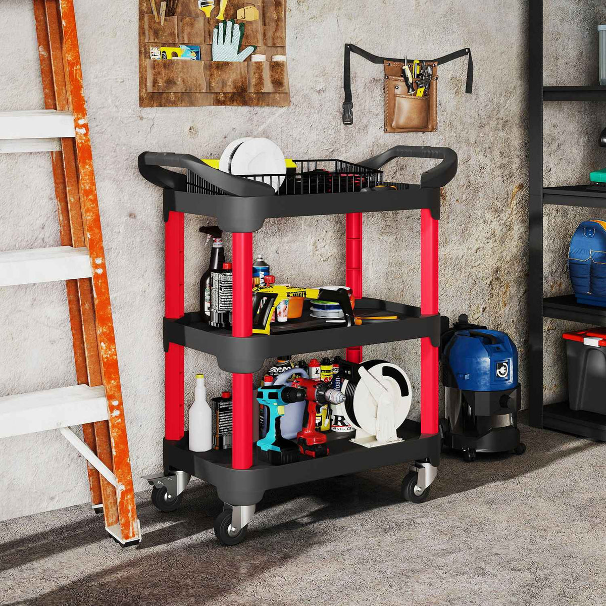 Tool trolley with 3 levels, side handles, wheels, plastic, black