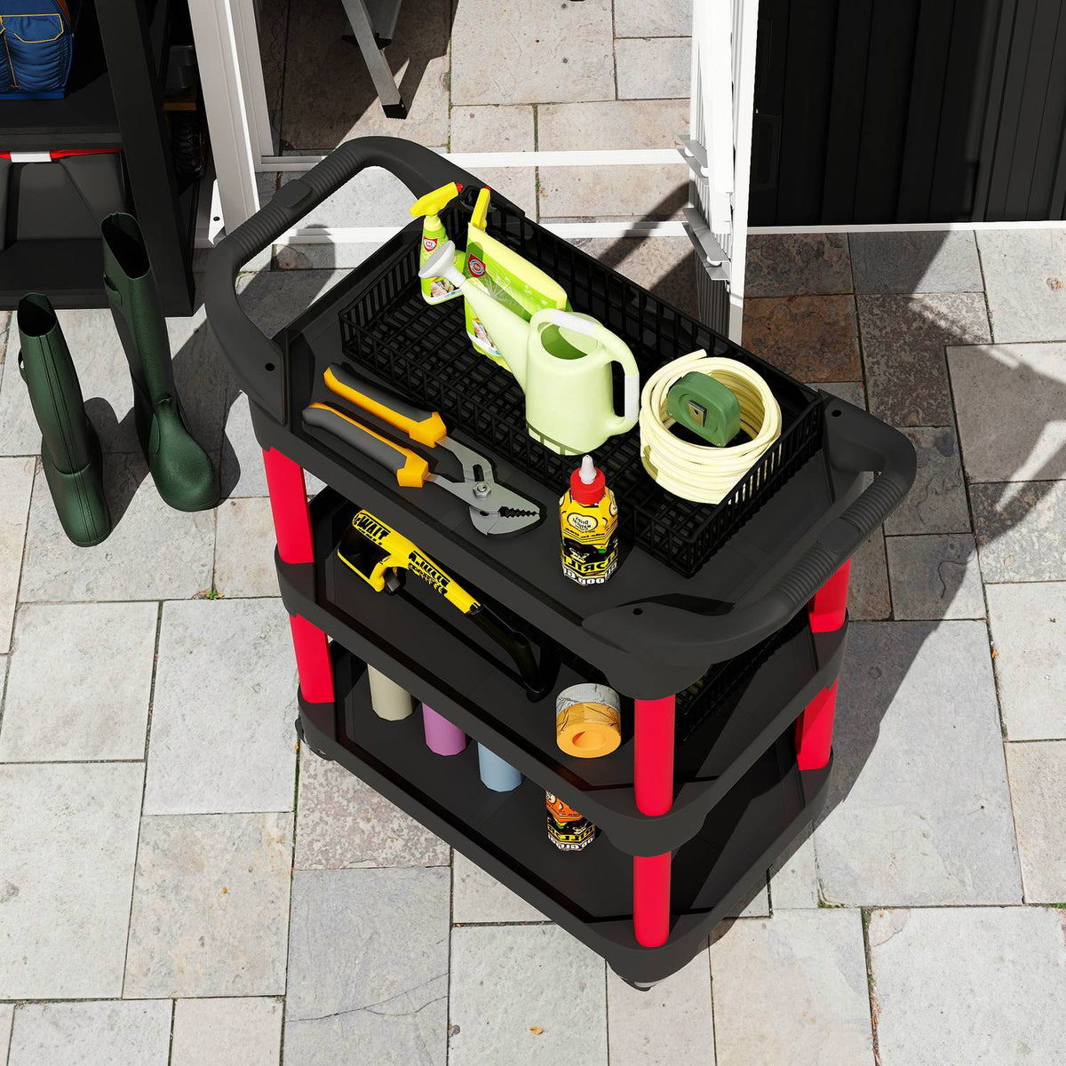 Tool trolley with 3 levels, side handles, wheels, plastic, black