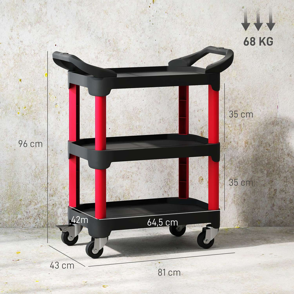 Tool trolley with 3 levels, side handles, wheels, plastic, black