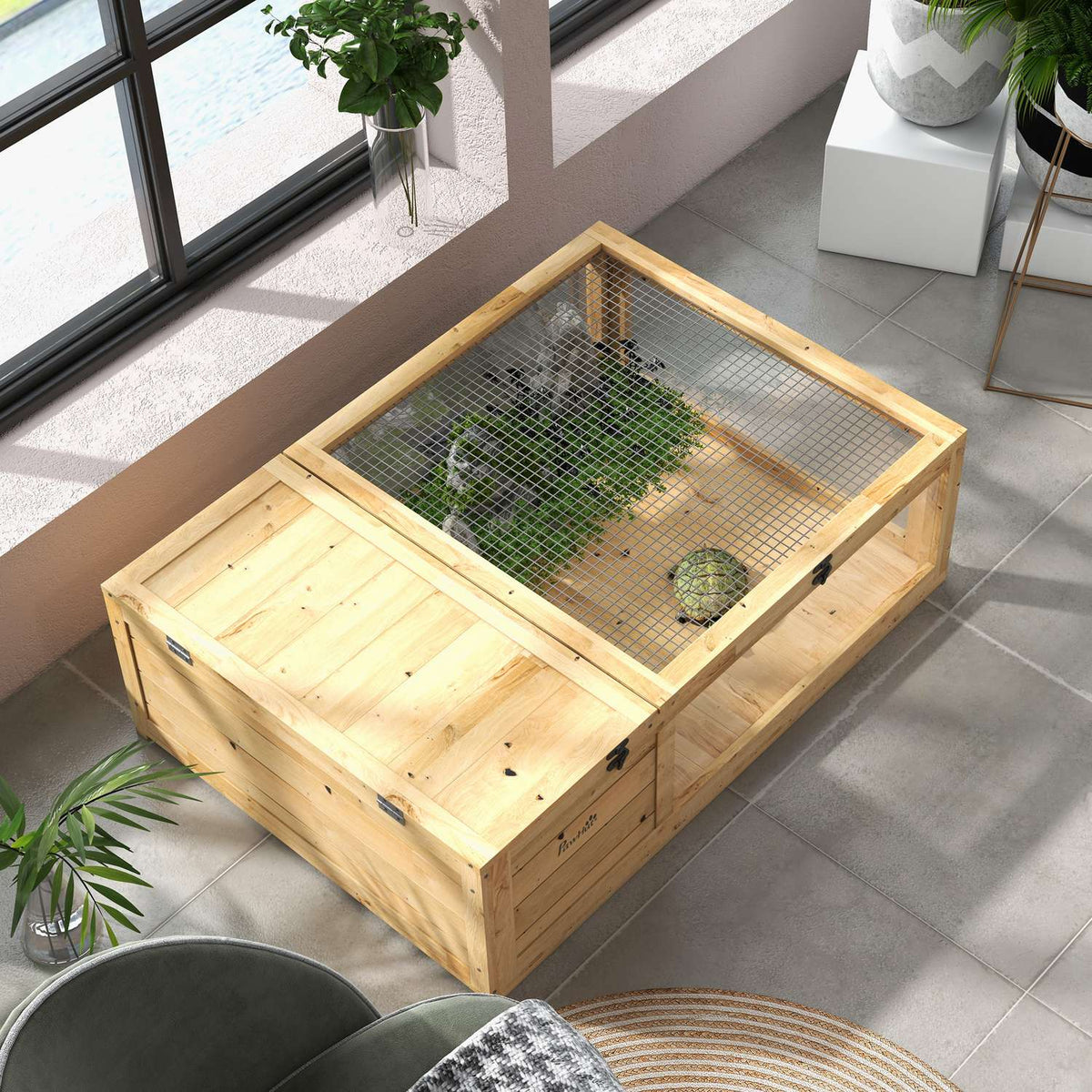 Tortoise Enclosure with Two Zones, Fir Wood, 91x60.5x32 cm