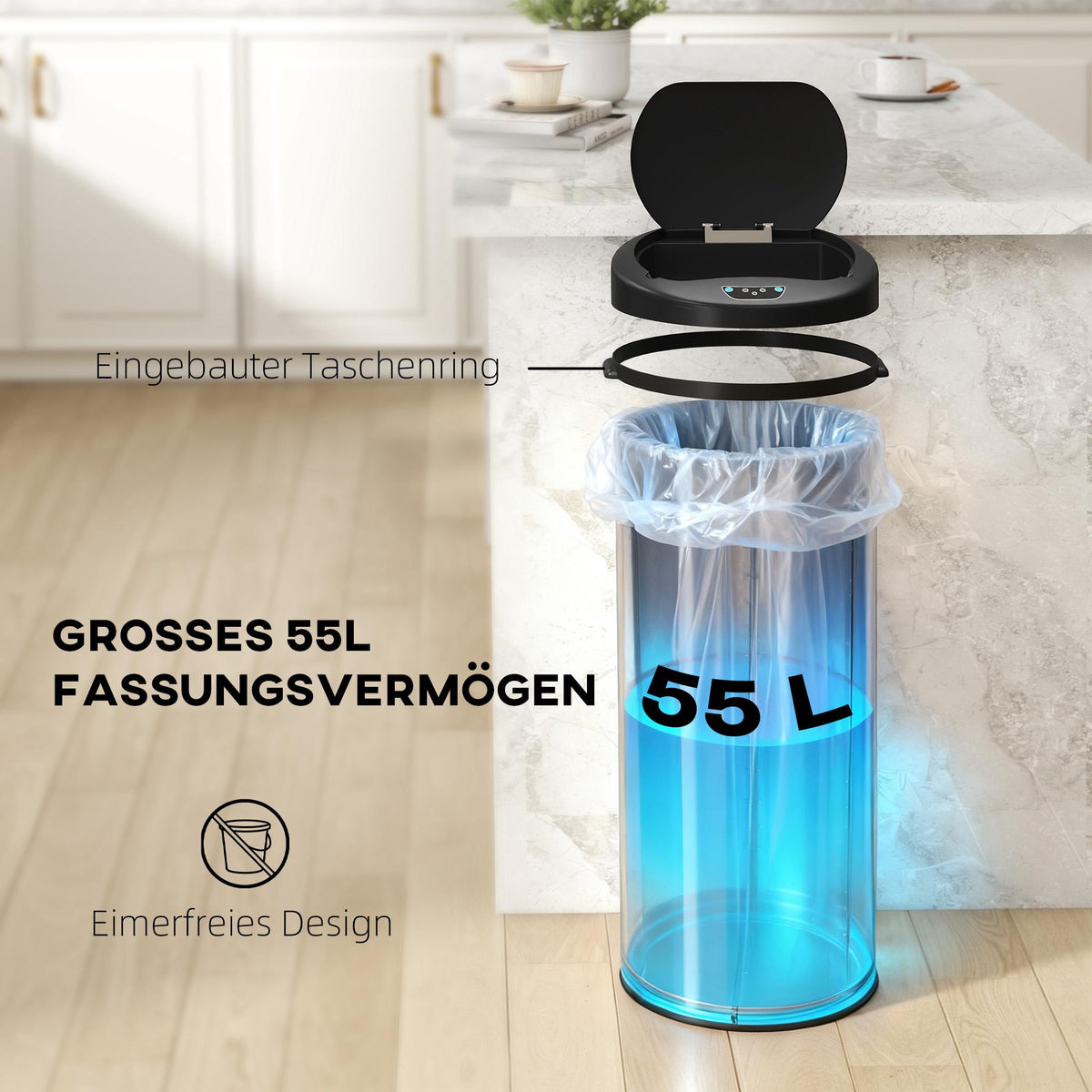Touchless Stainless Steel Sensor Trash Can, 55L Capacity