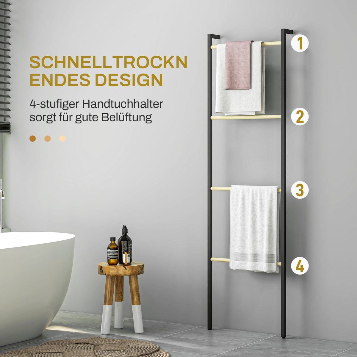 Towel Ladder 49 x 167.5 cm Towel Rack with 4 Bars Space Saving for Bath Towels Clothes Blankets Newspapers Steel Black