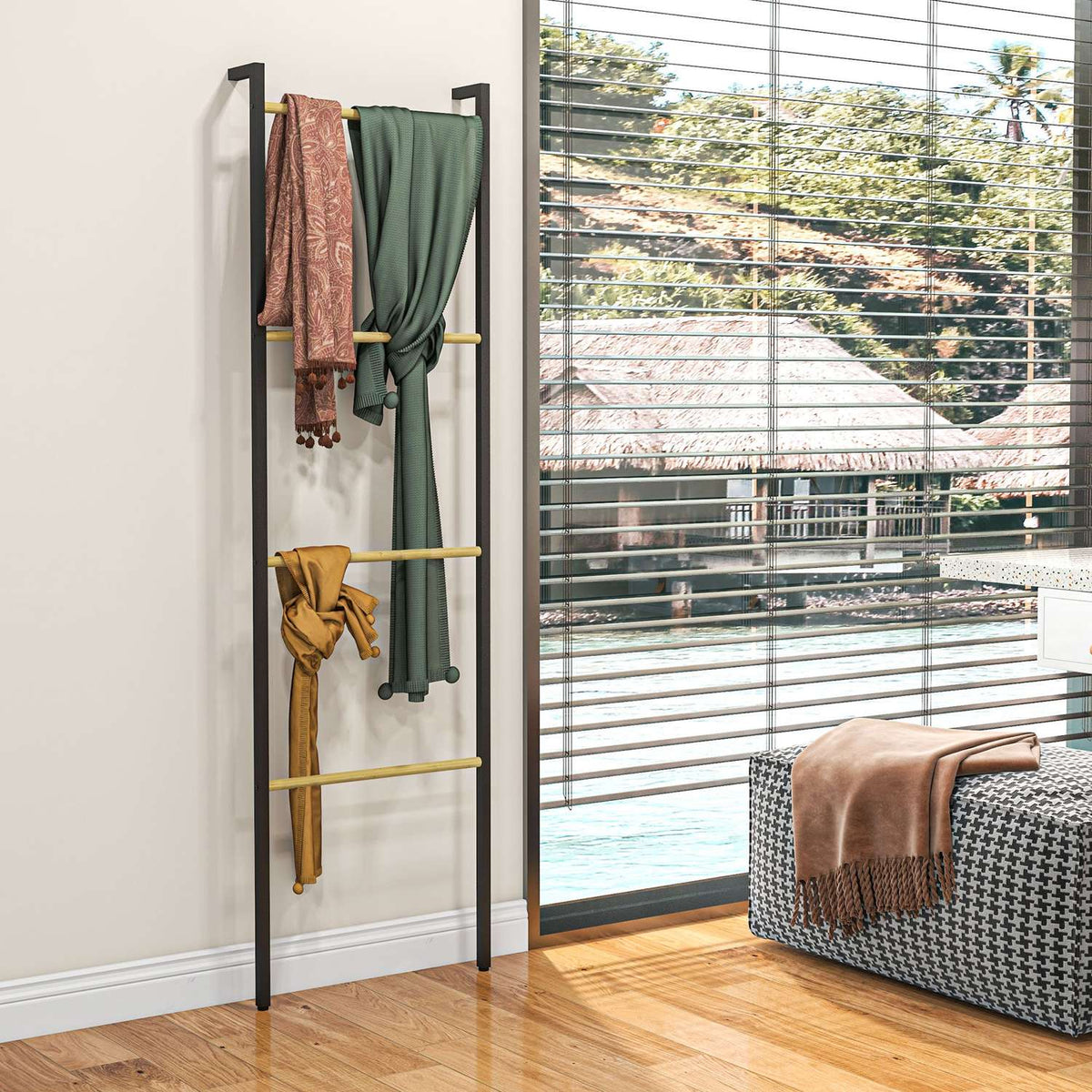 Towel Ladder 49 x 167.5 cm Towel Rack with 4 Bars Space Saving for Bath Towels Clothes Blankets Newspapers Steel Black