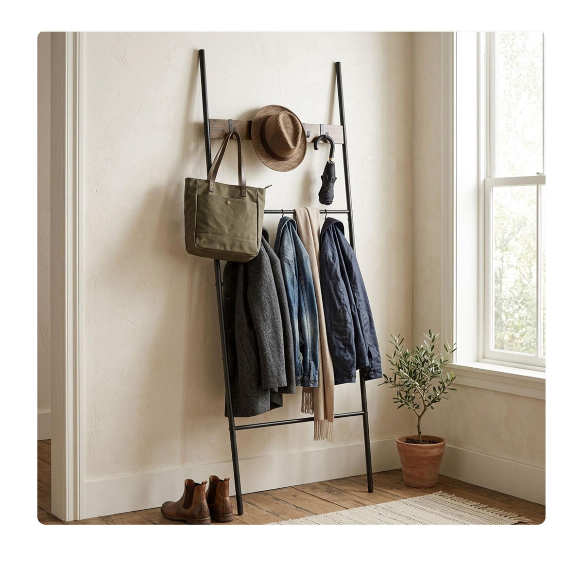 Towel Ladder with 4 Rungs & 5 Hooks – Brown, Steel & MDF