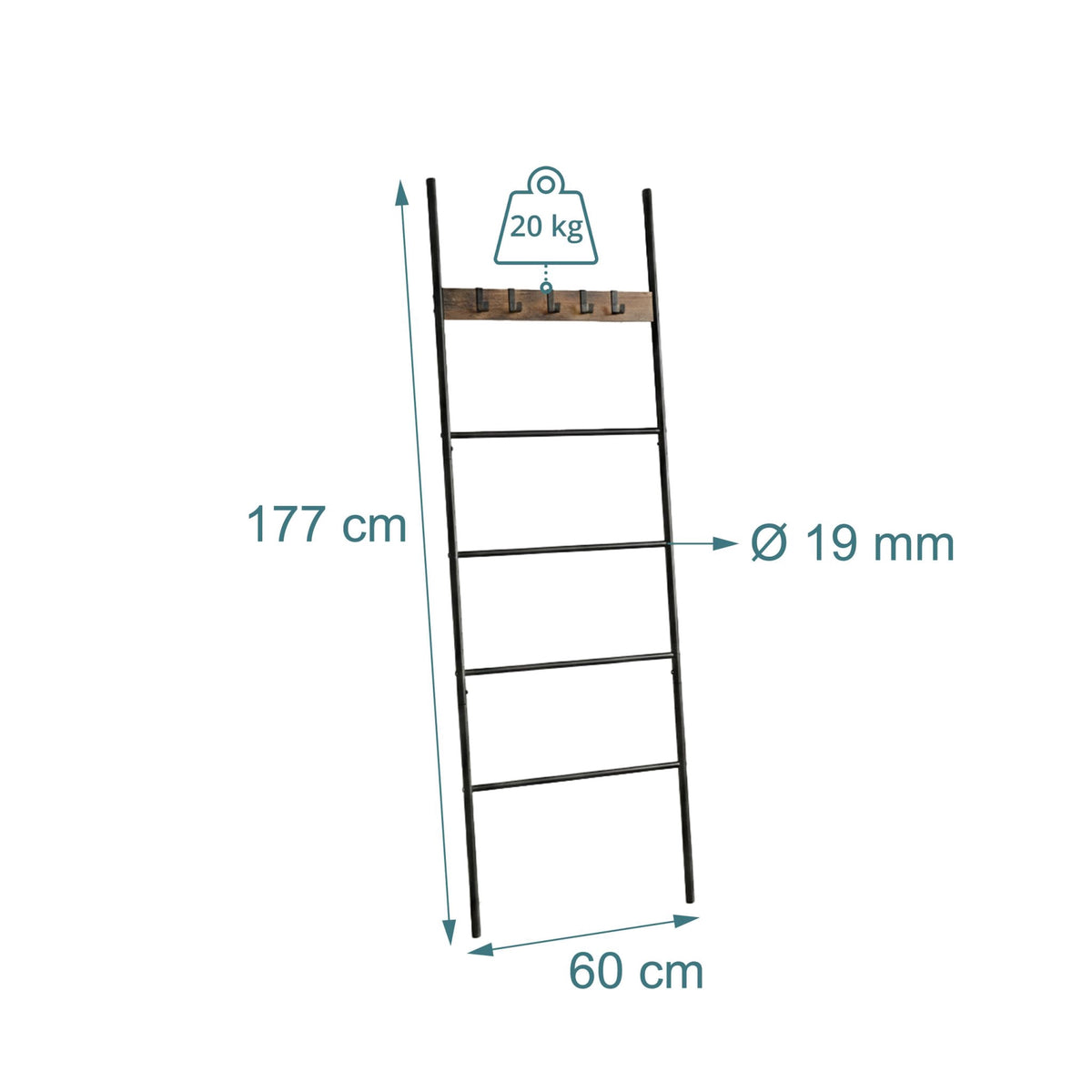 Towel Ladder with 4 Rungs & 5 Hooks – Brown, Steel & MDF