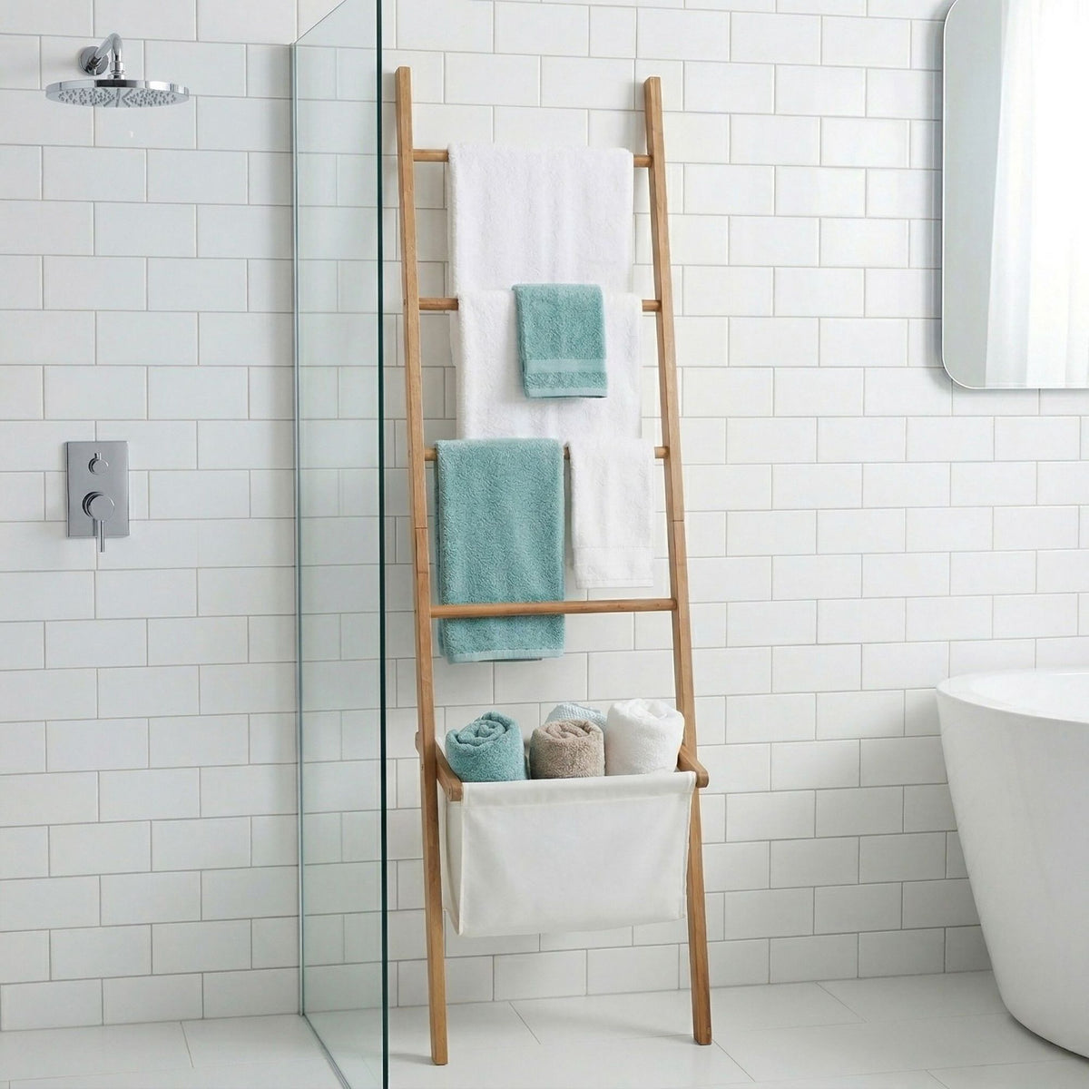 Towel Ladder with Walnut Finish and Laundry Basket