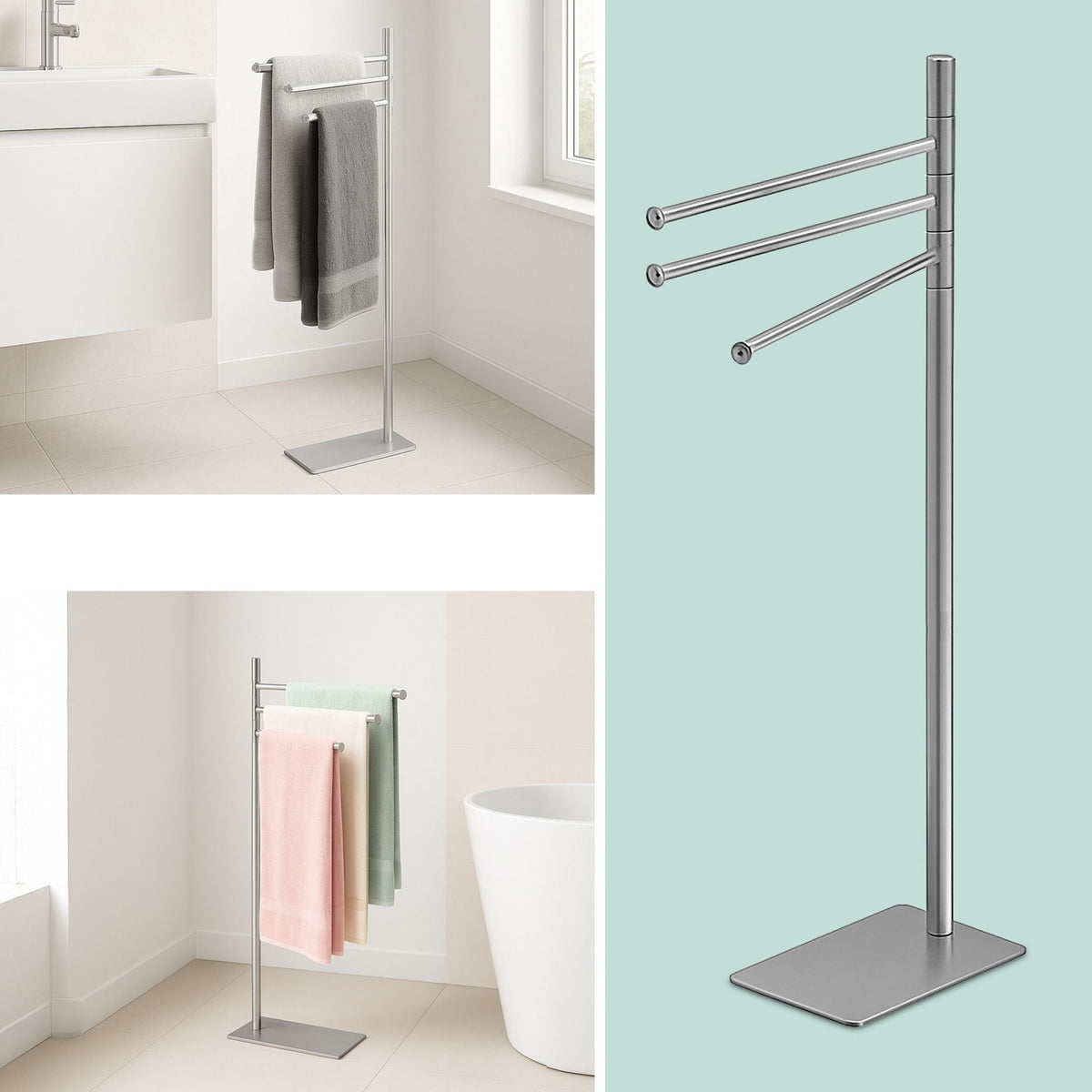 Towel Rack, 3-Bar Stainless Steel, Freestanding