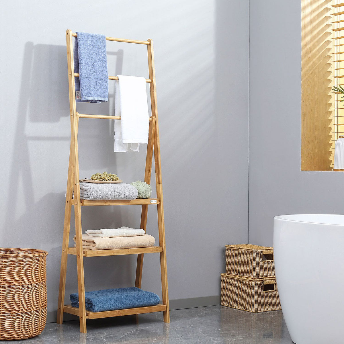 Towel Rack Foldable Towel Rack With 3 Bars & Shelves, Bath Towel Rack Made Of Bamboo, Natural