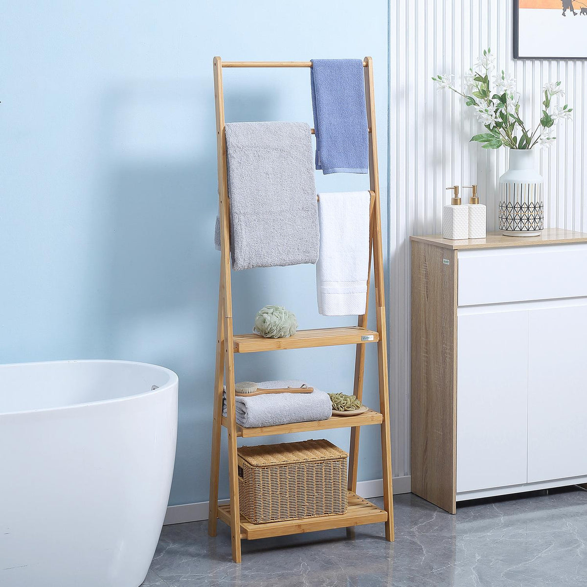 Towel Rack Foldable Towel Rack With 3 Bars & Shelves, Bath Towel Rack Made Of Bamboo, Natural