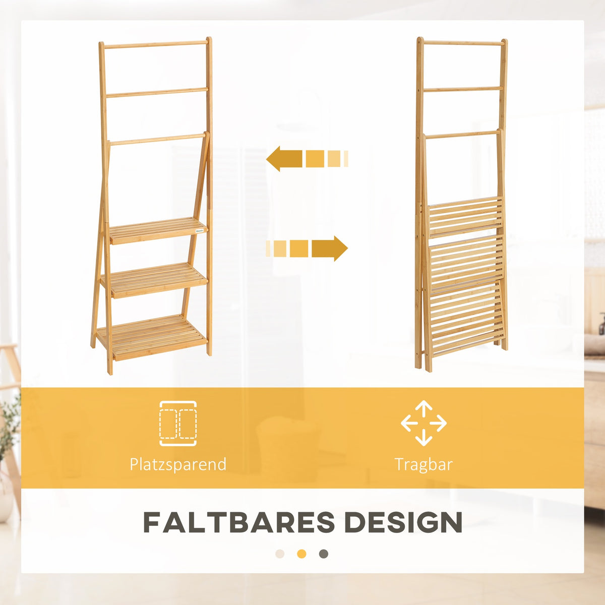 Towel Rack Foldable Towel Rack With 3 Bars & Shelves, Bath Towel Rack Made Of Bamboo, Natural