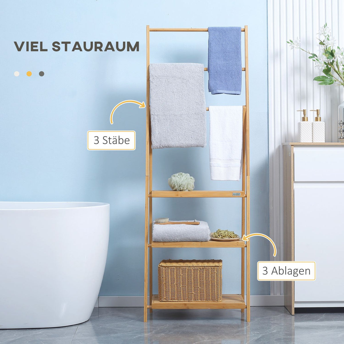 Towel Rack Foldable Towel Rack With 3 Bars & Shelves, Bath Towel Rack Made Of Bamboo, Natural