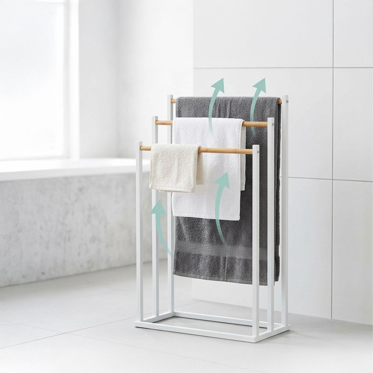 Towel Rack, Freestanding 3-Bar Metal and Bamboo