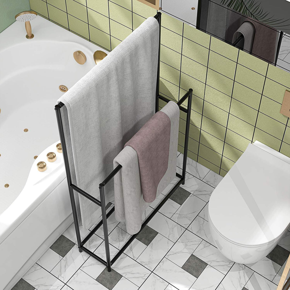 Towel Rack, Freestanding Towel Rack with 2 Towel Rails, Bath Towel Rack for Bathroom, Metal, 66 x 20 x 110 cm, Black